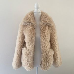 Topshop cream faux fur coat sherpa shearling oversize teddy jacket zip up small